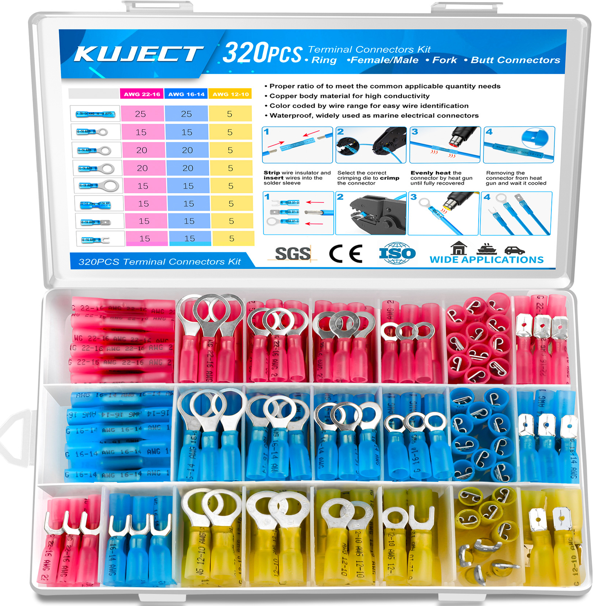 Kuject 320 PCS Heat Shrink Wire Connectors, Multipurpose Waterproof Electrical  Wire Terminals kit, Insulated Crimp Connectors Ring Fork Spade Butt Splices  for Automotive Marine Boat Truck – Kuject
