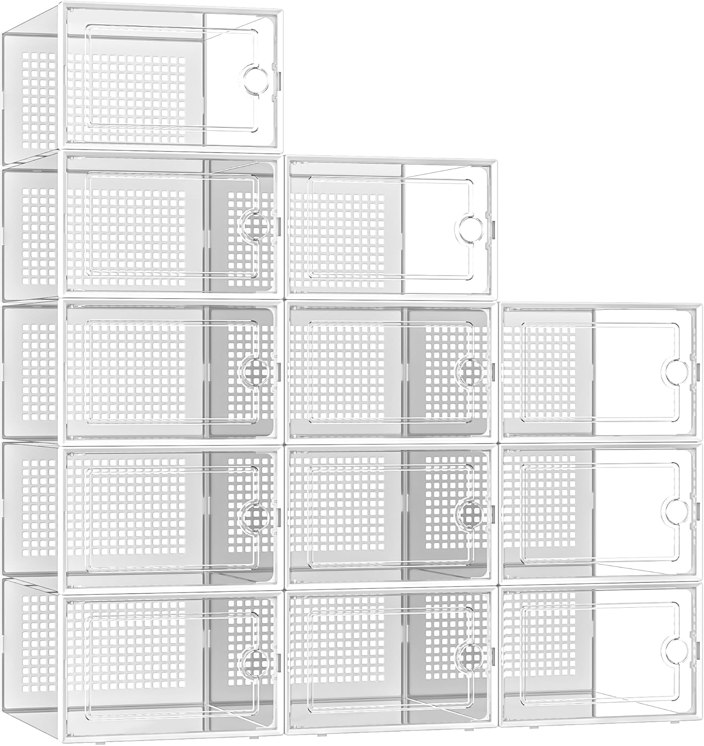 81bM3Ay2jUL._AC_SL1500_.webp Kuject X-Large Shoe Storage Organizers, 12-Pack Clear Plastic Stackable Shoe Rack & Holder Substitute, Sneaker Containers, Toy Storage Organizer Bins for Entryway, Closet, Under Bed, White